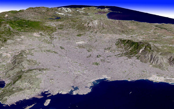 Image satellite de la rgion d'Athnes aujourd'hui, avec le relief